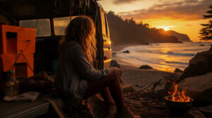 person sitting by their old camper van in the morning on the beach